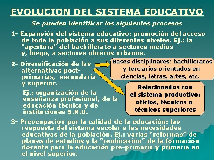 EVOLUCION DEL SISTEMA EDUCATIVO Se pueden identificar los siguientes procesos 1 - Expansión del