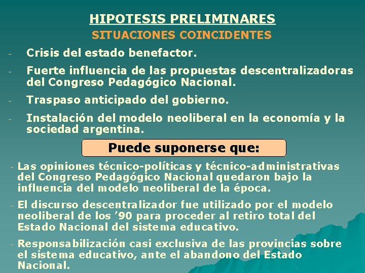 HIPOTESIS PRELIMINARES SITUACIONES COINCIDENTES - Crisis del estado benefactor. - Fuerte influencia de las