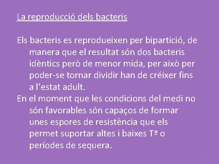 La reproducció dels bacteris Els bacteris es reprodueixen per bipartició, de manera que el