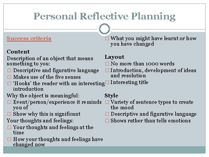 Personal Reflective Planning Success criteria � What you might have learnt or how you
