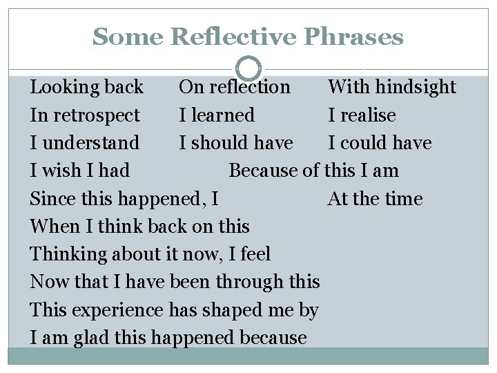 Some Reflective Phrases Looking back On reflection With hindsight In retrospect I learned I