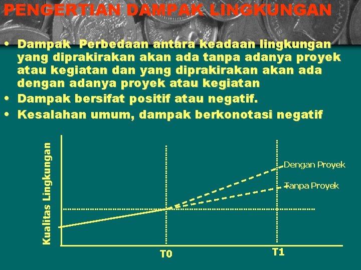 PENGERTIAN DAMPAK LINGKUNGAN Kualitas Lingkungan • Dampak Perbedaan antara keadaan lingkungan yang diprakirakan ada