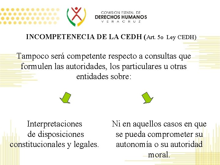 INCOMPETENECIA DE LA CEDH (Art. 5 o Ley CEDH) Tampoco será competente respecto a