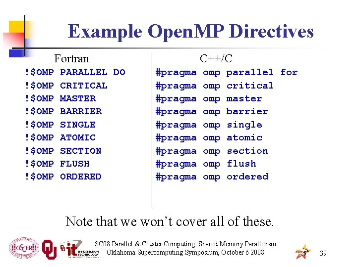 Example Open. MP Directives Fortran !$OMP !$OMP !$OMP C++/C PARALLEL DO CRITICAL MASTER BARRIER