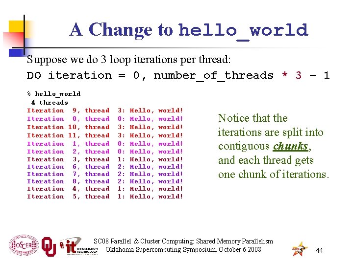 A Change to hello_world Suppose we do 3 loop iterations per thread: DO iteration