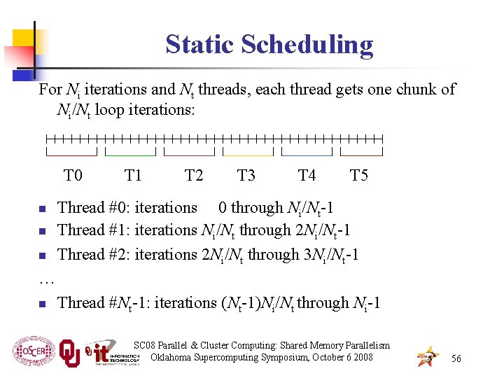 Static Scheduling For Ni iterations and Nt threads, each thread gets one chunk of