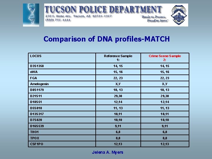 Comparison of DNA profiles-MATCH LOCUS Reference Sample 1: Crime Scene Sample 2: D 3