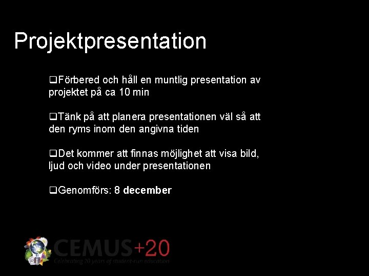 Projektpresentation q. Förbered och håll en muntlig presentation av projektet på ca 10 min