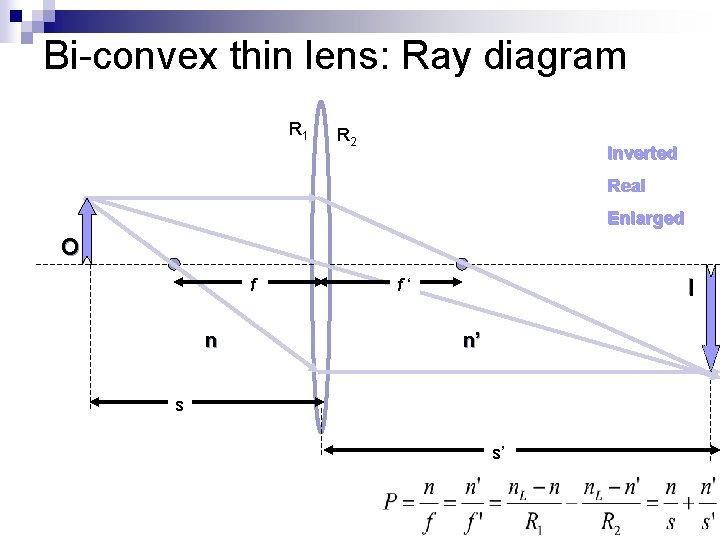 Bi-convex thin lens: Ray diagram R 1 R 2 Inverted Real Enlarged O n