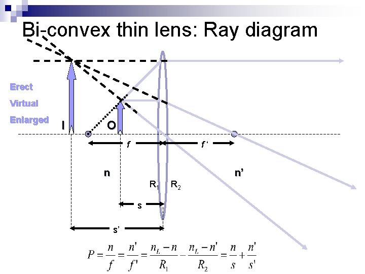 Bi-convex thin lens: Ray diagram Erect Virtual Enlarged I O f f‘ n n’