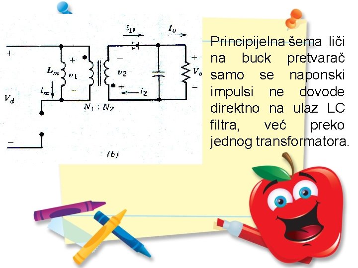 Principijelna šema liči na buck pretvarač samo se naponski impulsi ne dovode direktno na