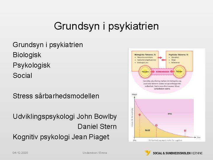 Grundsyn i psykiatrien Biologisk Psykologisk Social Stress sårbarhedsmodellen Udviklingspsykologi John Bowlby Daniel Stern Kognitiv Grundsyn i psykiatrien Biologisk Psykologisk Social Stress sårbarhedsmodellen Udviklingspsykologi John Bowlby Daniel Stern Kognitiv