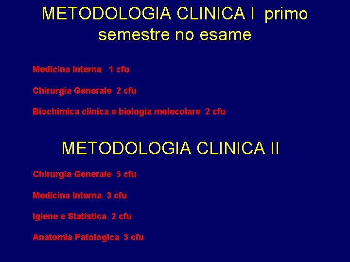 METODOLOGIA CLINICA I primo semestre no esame Medicina Interna 1 cfu Chirurgia Generale 2