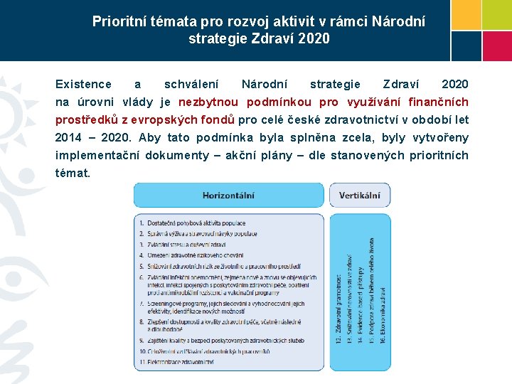 Prioritní témata pro rozvoj aktivit v rámci Národní strategie Zdraví 2020 Existence a schválení