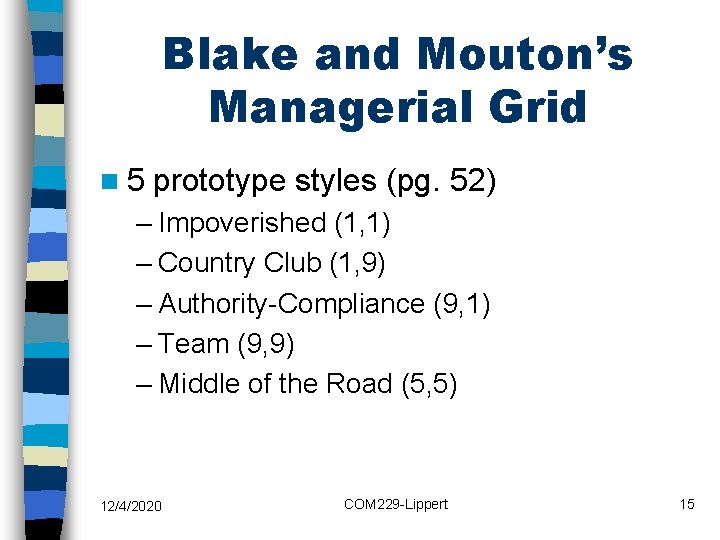 Blake and Mouton’s Managerial Grid n 5 prototype styles (pg. 52) – Impoverished (1,