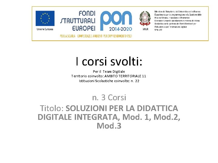 I corsi svolti: Per il Team Digitale Territorio coinvolto: AMBITO TERRITORIALE 11 Istituzioni Scolastiche