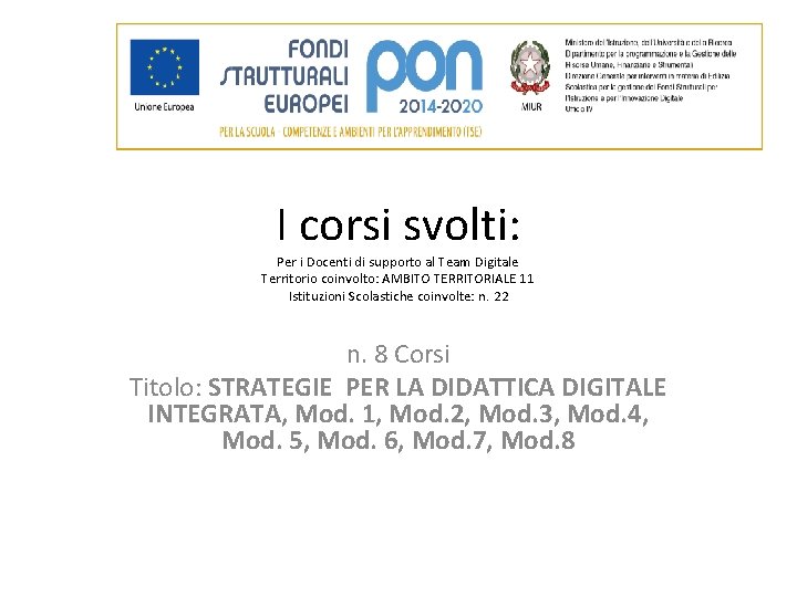 I corsi svolti: Per i Docenti di supporto al Team Digitale Territorio coinvolto: AMBITO