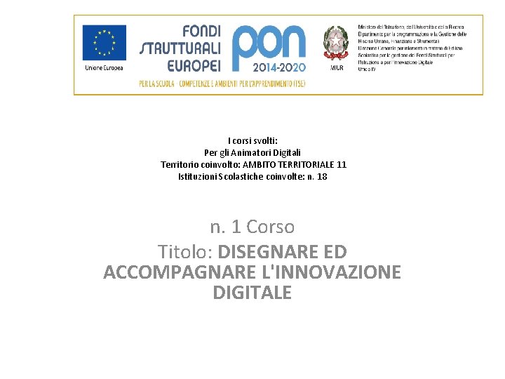 I corsi svolti: Per gli Animatori Digitali Territorio coinvolto: AMBITO TERRITORIALE 11 Istituzioni Scolastiche