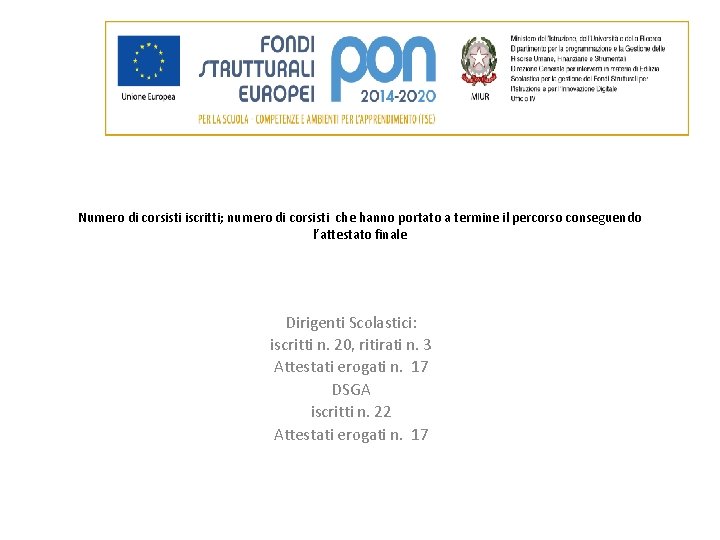 Numero di corsisti iscritti; numero di corsisti che hanno portato a termine il percorso