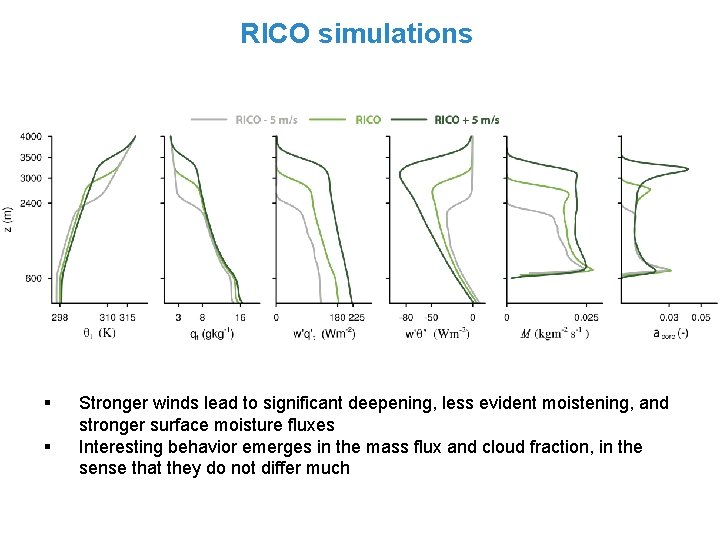 RICO simulations § § Stronger winds lead to significant deepening, less evident moistening, and