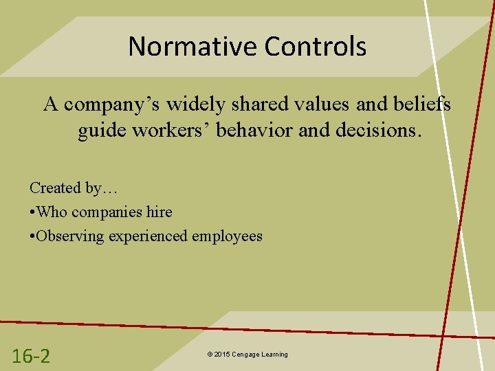 Normative Controls A company’s widely shared values and beliefs guide workers’ behavior and decisions.