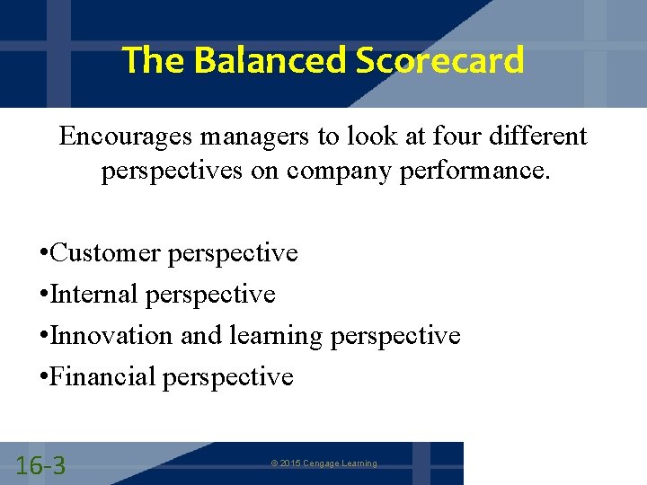 The Balanced Scorecard Encourages managers to look at four different perspectives on company performance.