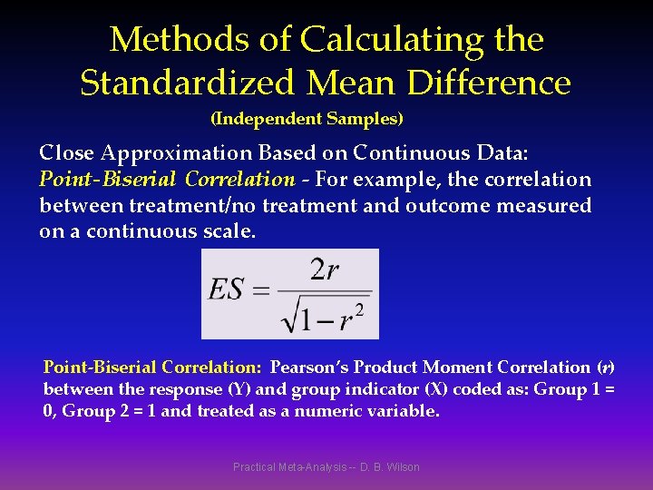 Methods of Calculating the Standardized Mean Difference (Independent Samples) Close Approximation Based on Continuous