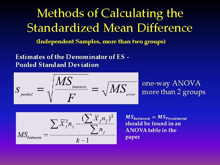 Methods of Calculating the Standardized Mean Difference (Independent Samples, more than two groups) Estimates