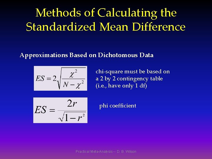 Methods of Calculating the Standardized Mean Difference Approximations Based on Dichotomous Data chi-square must