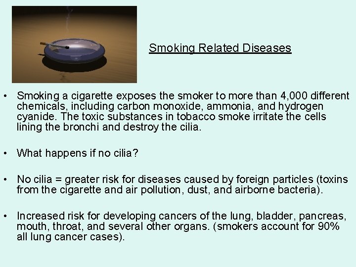 Smoking Related Diseases • Smoking a cigarette exposes the smoker to more than 4,