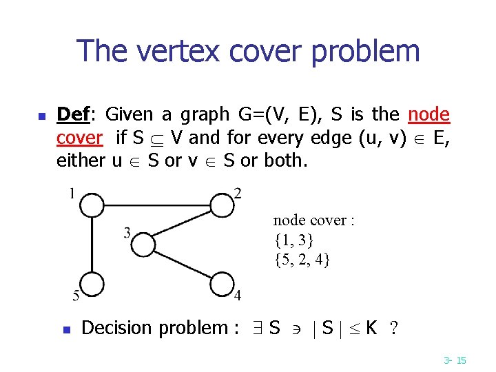 The vertex cover problem n Def: Given a graph G=(V, E), S is the The vertex cover problem n Def: Given a graph G=(V, E), S is the