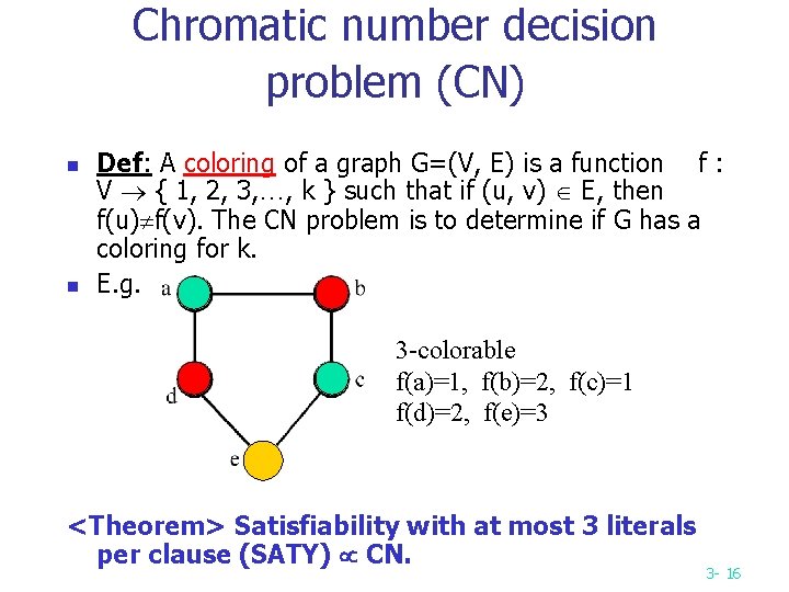 Chromatic number decision problem (CN) n n Def: A coloring of a graph G=(V, Chromatic number decision problem (CN) n n Def: A coloring of a graph G=(V,