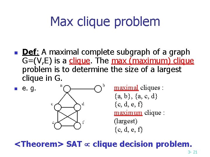 Max clique problem n n Def: A maximal complete subgraph of a graph G=(V, Max clique problem n n Def: A maximal complete subgraph of a graph G=(V,