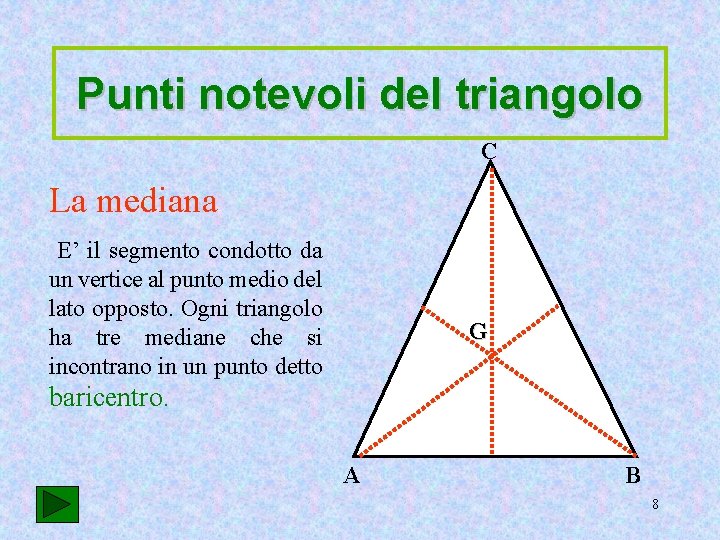Punti notevoli del triangolo C La mediana E’ il segmento condotto da un vertice