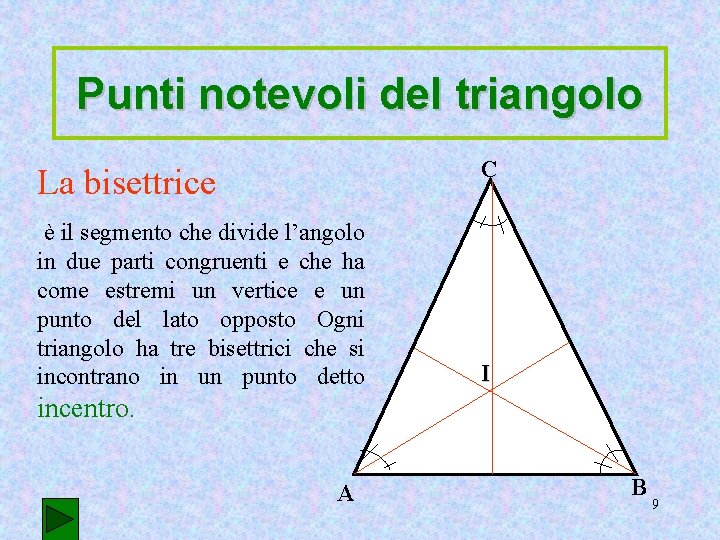 Punti notevoli del triangolo C La bisettrice è il segmento che divide l’angolo in