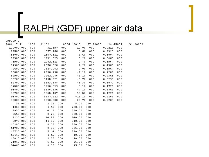 RALPH (GDF) upper air data 999999 2 2004 7 11 1200 100000. 000 92500.