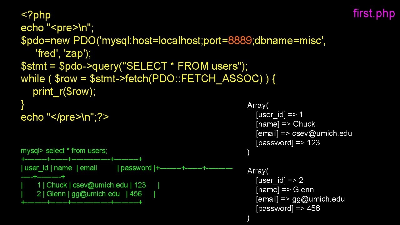 <? php echo "<pre>n"; $pdo=new PDO('mysql: host=localhost; port=8889; dbname=misc', 'fred', 'zap'); $stmt = $pdo->query("SELECT