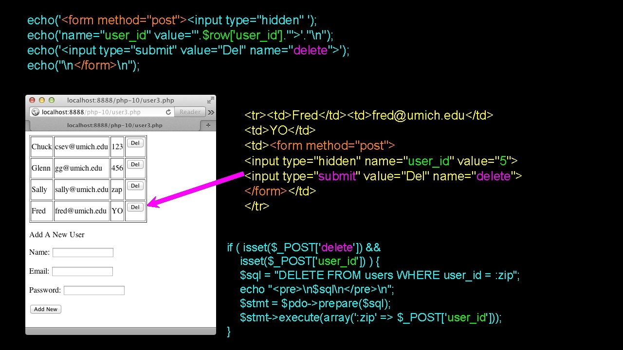 echo('<form method="post"><input type="hidden" '); echo('name="user_id" value="'. $row['user_id']. '">'. "n"); echo('<input type="submit" value="Del" name="delete">'); echo("n</form>n");