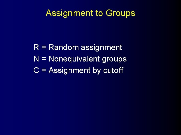 Assignment to Groups R = Random assignment N = Nonequivalent groups C = Assignment