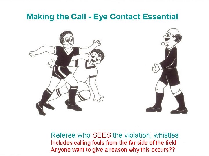 Making the Call - Eye Contact Essential Referee who SEES the violation, whistles Includes