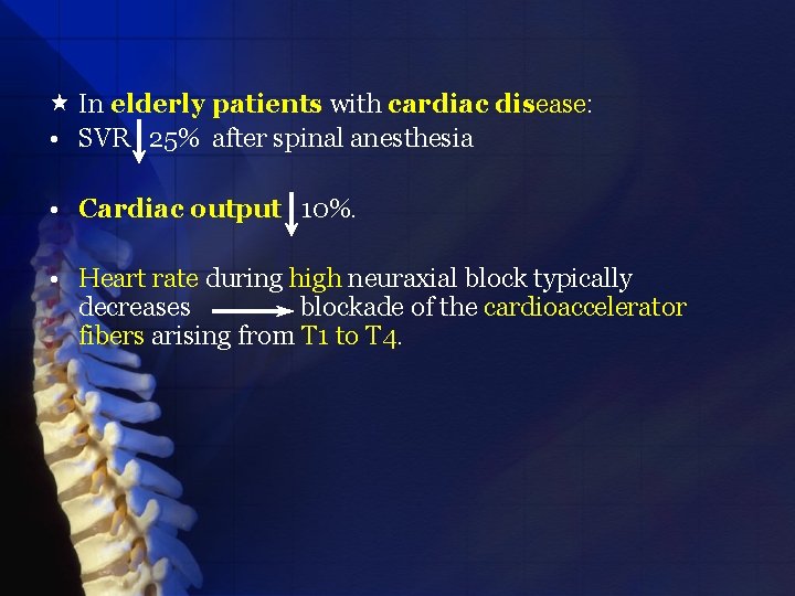  « In elderly patients with cardiac disease: • SVR 25% after spinal anesthesia