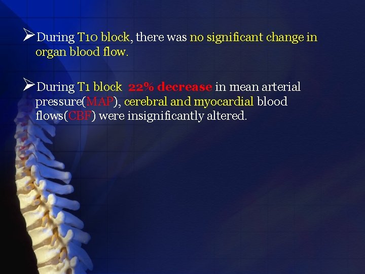 ØDuring T 10 block, there was no significant change in organ blood flow. ØDuring