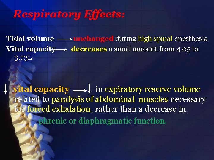 Respiratory Effects: Tidal volume Vital capacity 3. 73 L. unchanged during high spinal anesthesia