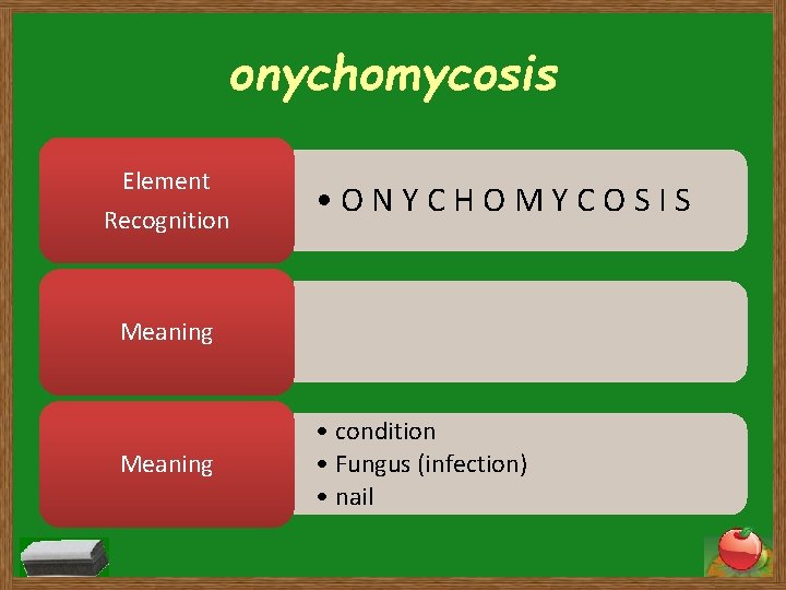 onychomycosis Element Recognition • ONYCHOMYCOSIS Meaning • condition • Fungus (infection) • nail 