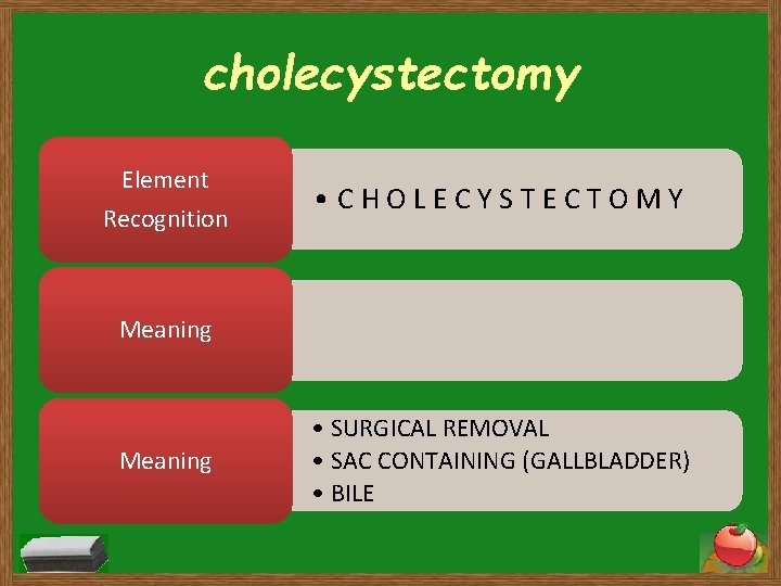 cholecystectomy Element Recognition • CHOLECYSTECTOMY Meaning • SURGICAL REMOVAL • SAC CONTAINING (GALLBLADDER) •