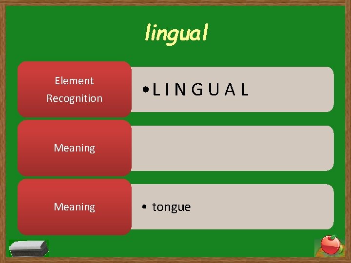 lingual Element Recognition • L I N G U A L Meaning • tongue