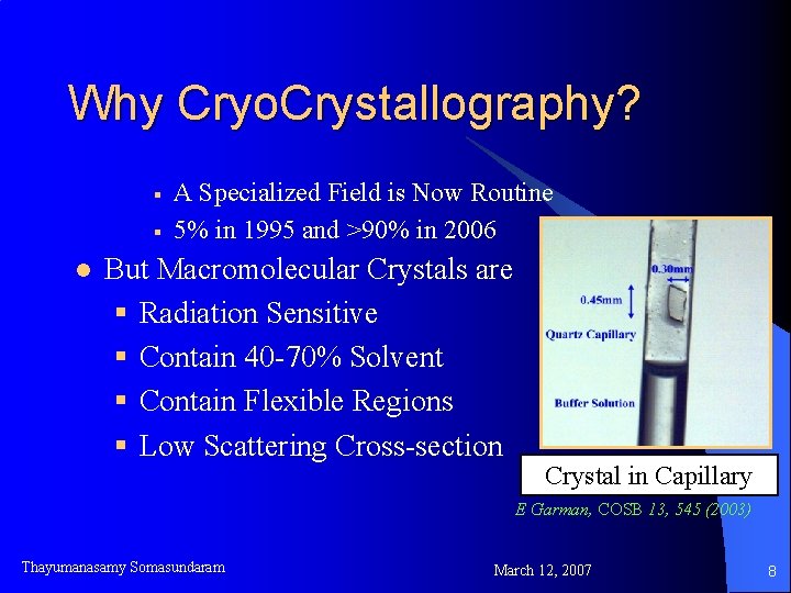 Why Cryo. Crystallography? § § l A Specialized Field is Now Routine 5% in