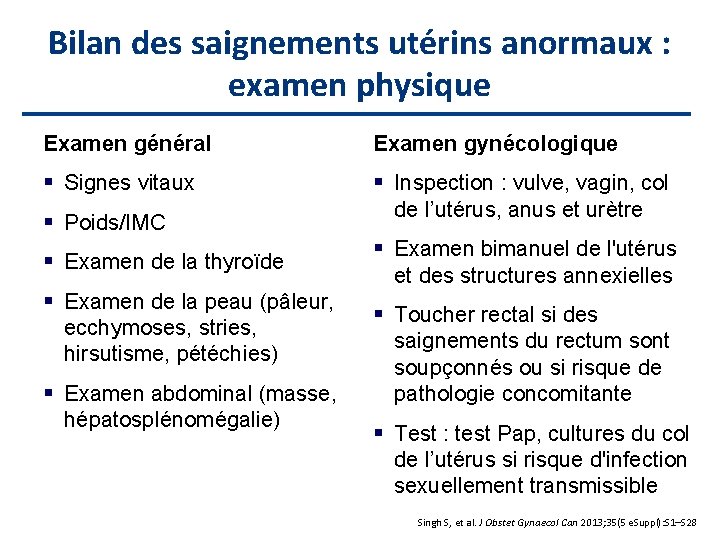Bilan des saignements utérins anormaux : examen physique Examen général Examen gynécologique Signes vitaux