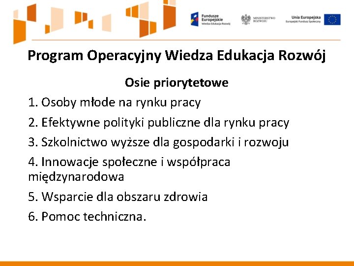 Program Operacyjny Wiedza Edukacja Rozwój Osie priorytetowe 1. Osoby młode na rynku pracy 2.