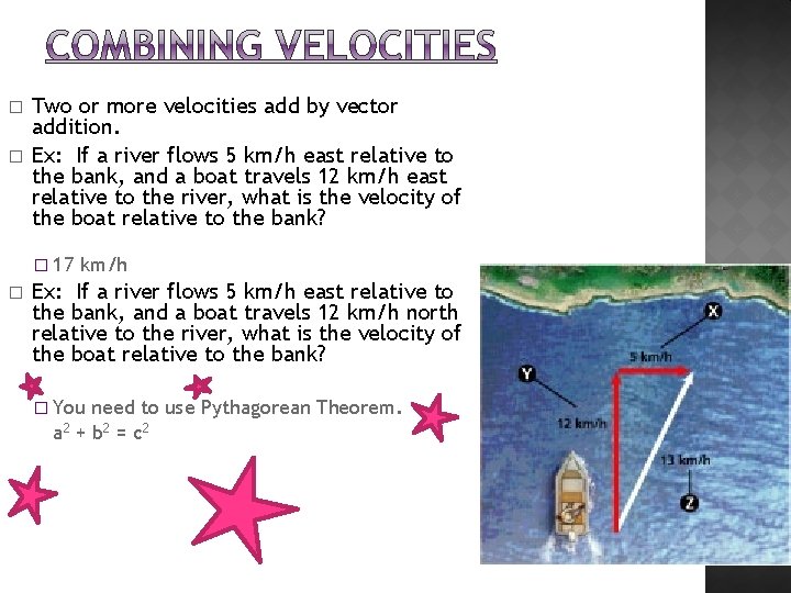 � � Two or more velocities add by vector addition. Ex: If a river